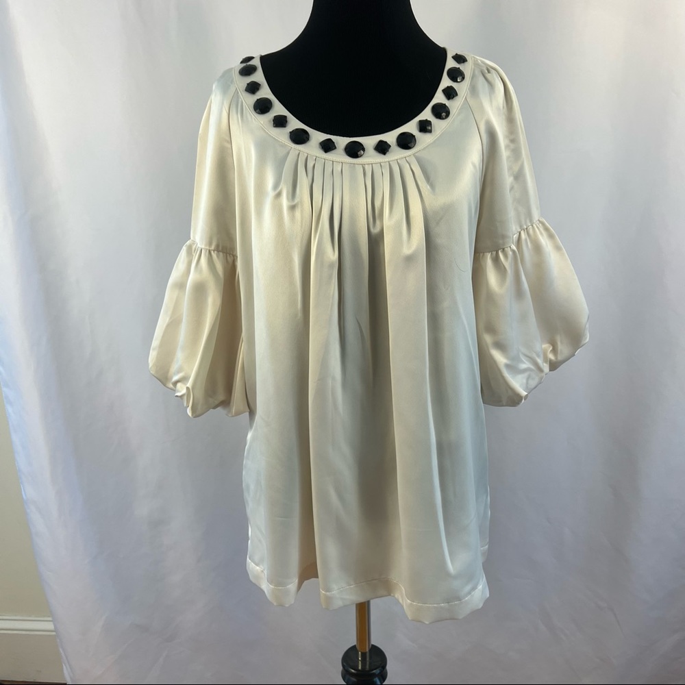 Worthington Top Blouse Womens S Small Beaded Balloon Sleeve Pleated Cream